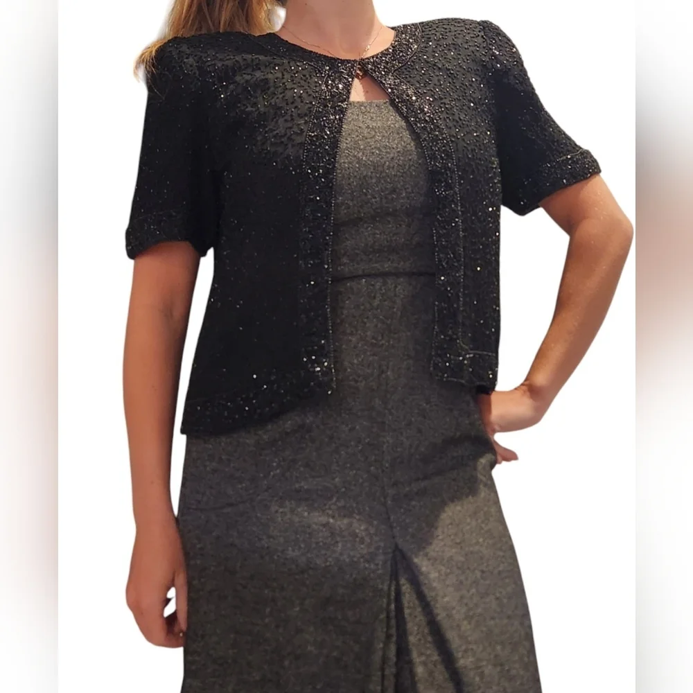 Vintage Stenay Women's Silk Sequin Beaded Blazer Black Small Lined Jacket Swifty